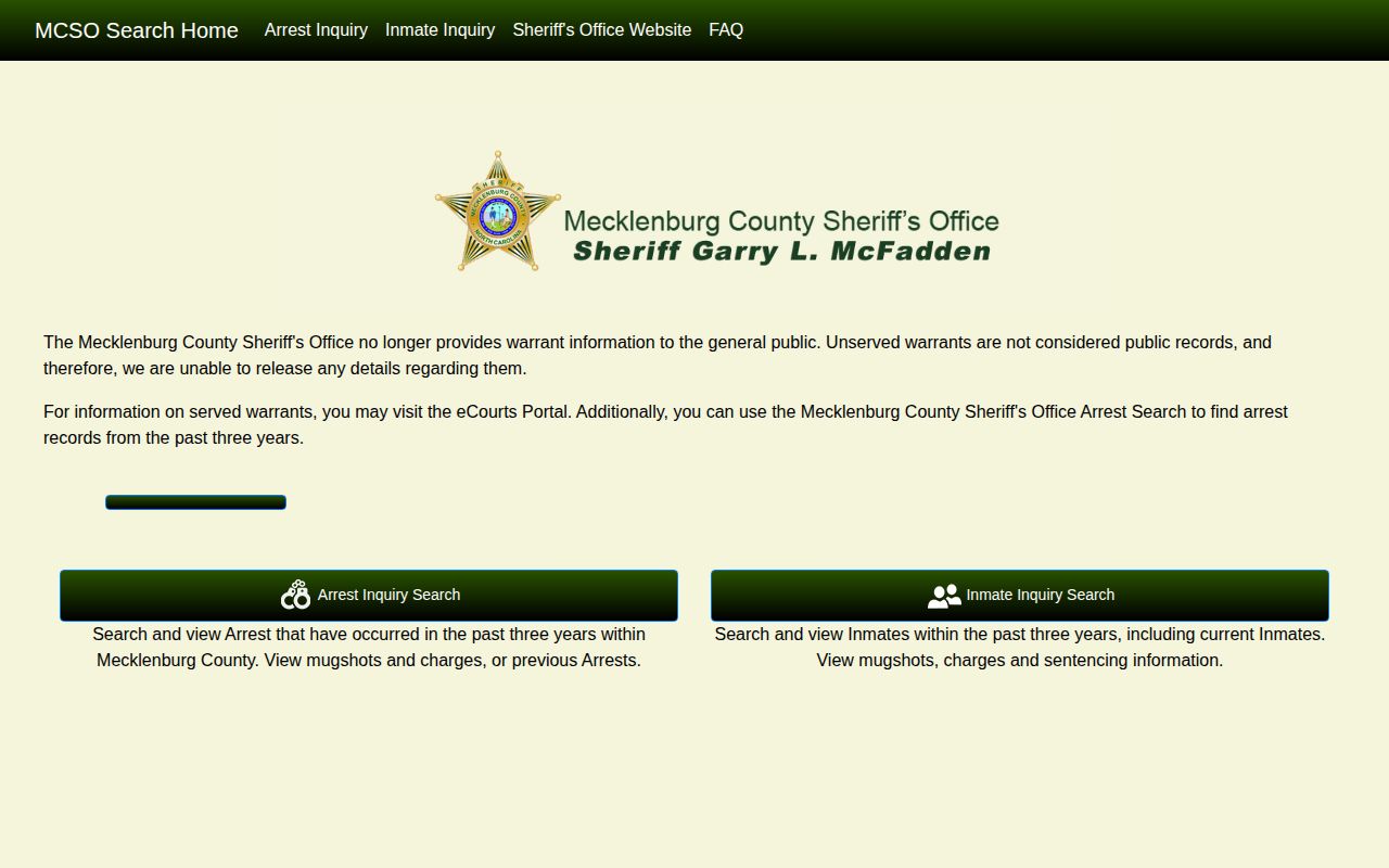 Mecklenburg County released inmate inquiry choice screen