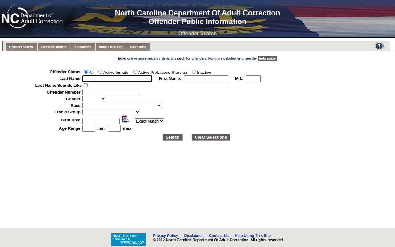 NCDAC search form for Mecklenburg County released state inmates